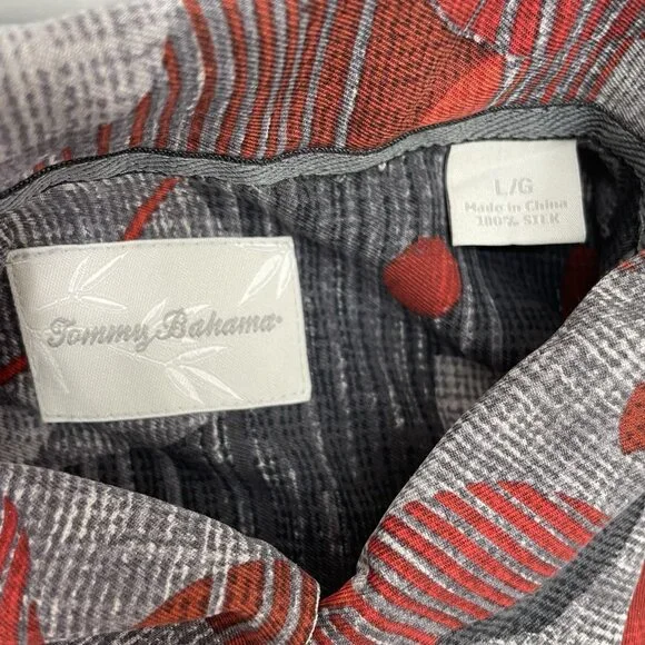 Tommy Bahama Silk Hawaiian Shirt Button Up Floral Beach Artsy Cruise Gray Red L - Picture 4 of 7